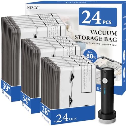 24 Pack Travel Vacuum Bags for Clothing with Rechargeable Wireless air Pump by NESCCI