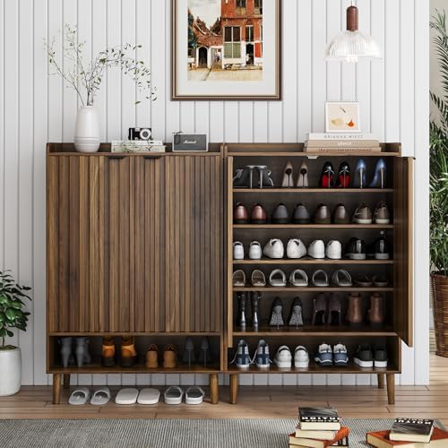 Smuxee Walnut Shoe Cabinet with Fluted Doors, 6-Tier Shoe Storage Cabinet with Adjustable Shelves, Freestanding Shoe Organizer Cabinet for Entryway, Hallway, Closet, Living Room - Image 3