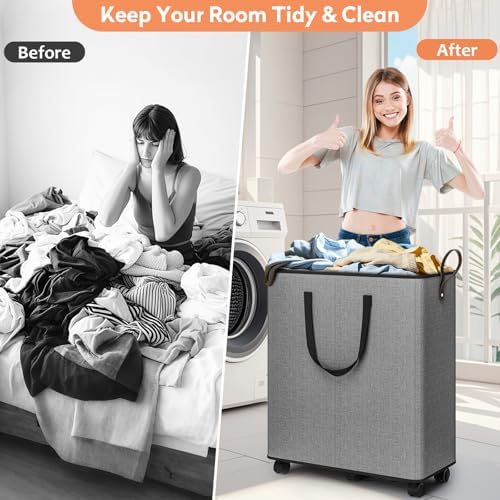 SpaceTrove Rolling Laundry Basket with Wheels, Laundry Hamper, 136L, Grey - Image 4