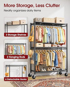 Sakugi Clothes Rack - Double Hanging Rod Clothing Rack with Wheels & Leveling Feet, Large Capacity Wardrobe Closet with Shelves for Bedroom, Laundry Room, Entryway, 45.2" x 12.6" x 80.7", Black - Image 3