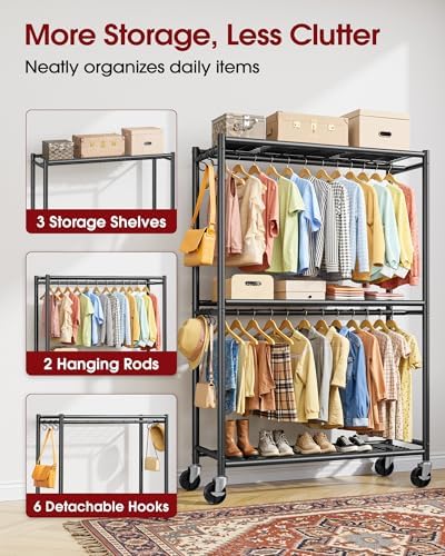 Sakugi Clothes Rack - Double Hanging Rod Clothing Rack with Wheels & Leveling Feet, Large Capacity Wardrobe Closet with Shelves for Bedroom, Laundry Room, Entryway, 45.2" x 12.6" x 80.7", Black - Image 3