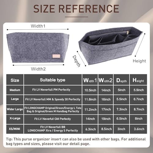 Doxo Purse Organizer Insert for Handbags & Base Shaper 2pc Set, Felt Neverfull MM Organizer Insert, Tote Bag Organizer with Zipper Pocket and Bottle Holder, Fit Speedy 30 Neverfull MM and More,Gray-L - Image 2