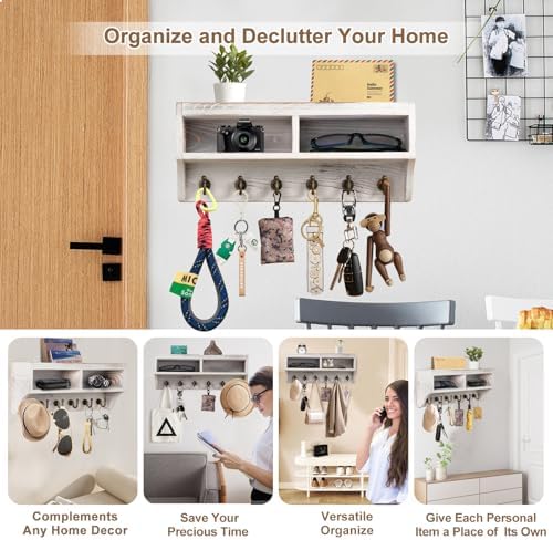 Key Holder Wall Mount with Mail Organizer, 6 Hooks & Shelf, White - Image 2