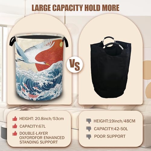 White Crane Laundry Baskets,Red Sun Japanese Wave Laundry Hamper,Storage Basket with Handles for Bathroom Bedroom College Dormitory Living Room Nursery Organizer 16"x20.8" - Image 4