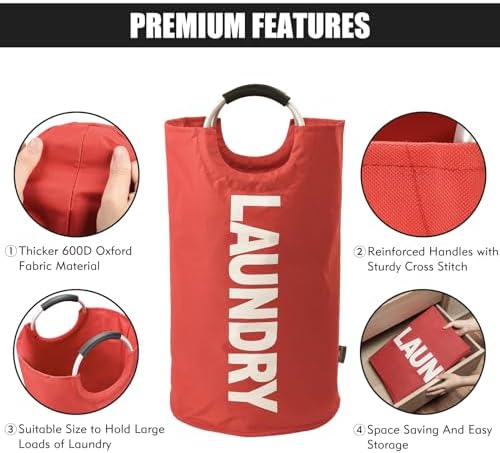 DOKEHOM 125L X-Large Laundry Basket Bag, Collapsible Tall Hamper, Red - Image 6