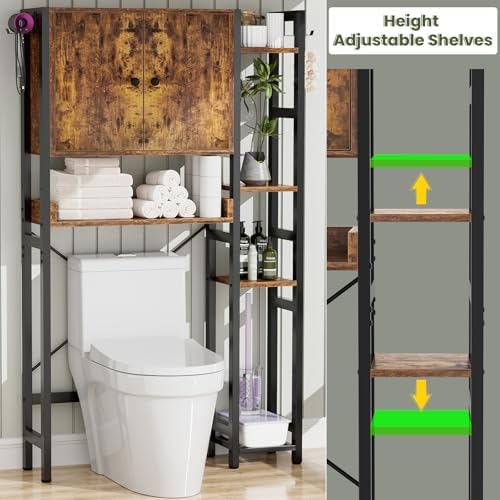 Over The Toilet Storage Cabinet with Doors - 7 Tier Bathroom Organizer with Adjustable Shelf, Freestanding Space Saver Rack Above Toilet Stand with 4 Hooks for Bathroom, Restroom, Laundry, Rustic - Image 6