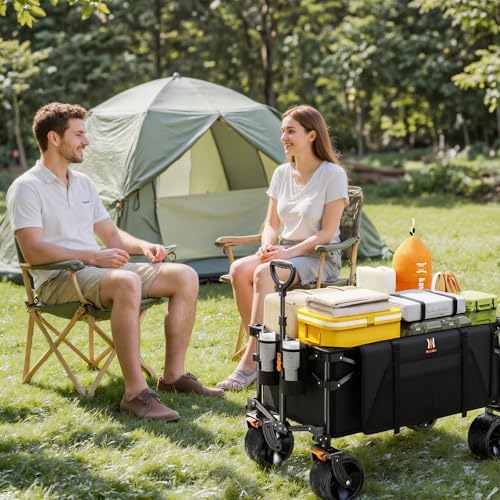 Navatiee Big Wheels Collapsible Wagon Cart Foldable, Heavy Duty Beach Wagon with Silent All-Terrain Wheels, Folding Utility Grocery Cart with Side Pocket and Brakes for Camping Garden Sports, Black - Image 7