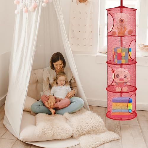 2Pcs Hanging Stuffed Animal Storage Hammock 4 Tiers, Red - Image 6