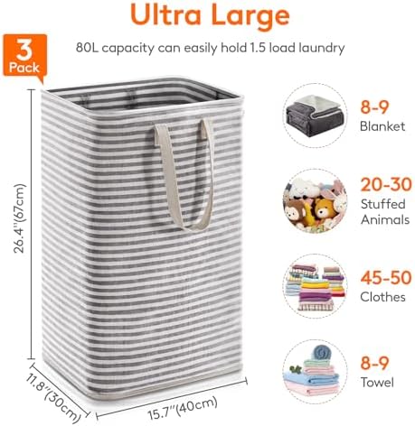 Lifewit 80L Large Laundry Baskets, 3 Pack, Reinforced Handles, Black | Collapsible Laundry Hamper, Dirty Clothes Hamper, Waterproof Freestanding Design for Dorm, Laundry Room, Bedroom, Bathroom - Image 3