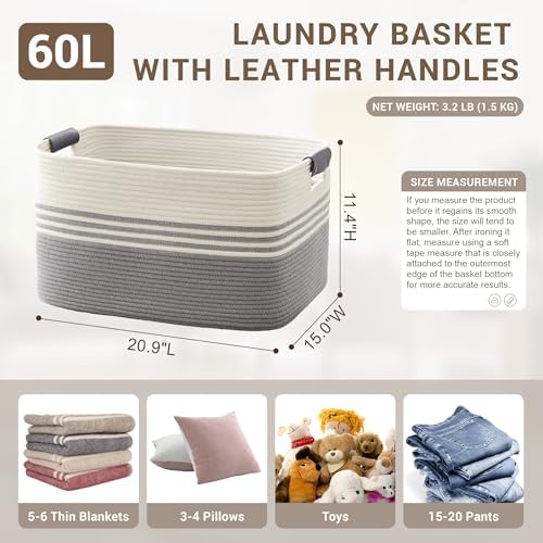 60L Woven Laundry Basket Hamper with Leather Handles,Grey - Image 2