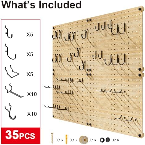 VOIMO Bamboo Peg board Wall Organizer, 4 Panels, 16 x 12 in, 35 Hooks - Image 3