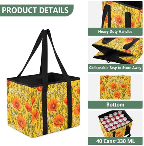 Trunk Organizer Collapsible Car Organizer with Handle Car Storage Box Bin for Groceries SUV Utility Tote Bag Portable Vehicle Container Yellow Poppy and Daisy Spring01 - Image 3