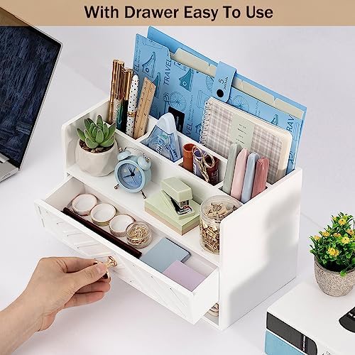 dreampossible white Wood Desk Organizer and Accessories with Drawer, Bill Mail Organizer and File Mail Holder for Office Supplies, Desk Accessories & Workspace Organizers for Desk Organization - Image 3