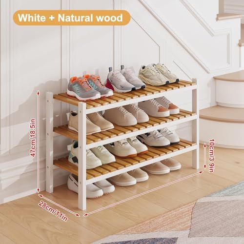 Bamboo Shoe Rack Organizer for Closet and Entryway-Space-Saving Narrow Shoe Stand-Versatile Shoe Holder for Door or Closet Shelf,Garage Bedroom can Freely Stack DIY Small Shoe Racks 3 Tier Mixed color - Image 2