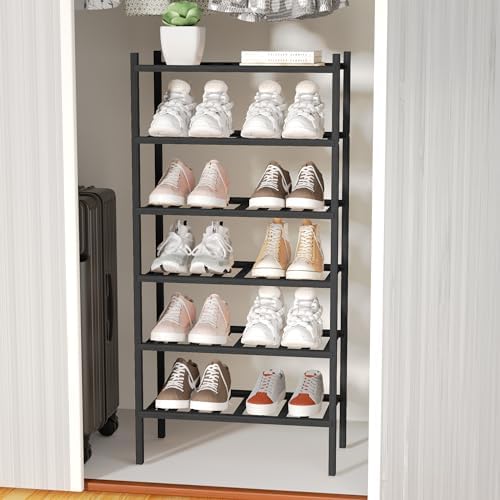 ROMGUAR CRAFT 6-Tier Bamboo Small Shoe Rack, Free Standing Wood Shoe Shelf Storage Organizer for Closet Entryway Stackable (Black) - Image 6