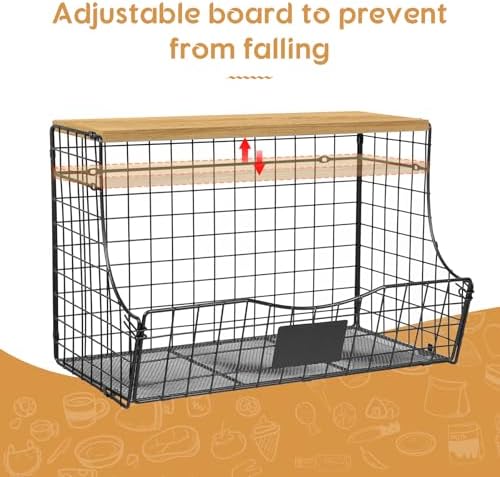 3 Pack Extra Large Fruit Basket for Kitchen with Wood Lid Nameplate - Counter&Wall Mounted Onion and Potato Storage Bin, Stackable Metal Hanging Wire Baskets,15.74 * 8.66 * 10.63 inch - Image 4