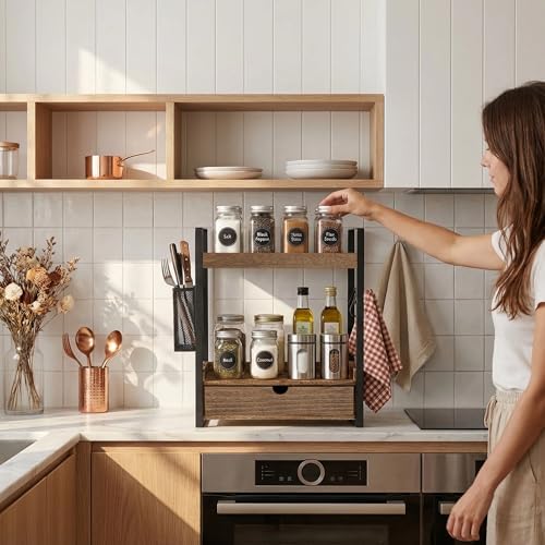 2-Tier Bathroom Counter Organizer with Drawer Basket and Hooks, Wood Bathroom Organizers and Storage for countertop, Farmhouse Dark Brown Countertop Organizer, Counter Shelf for Vanity Kitchen Office - Image 5