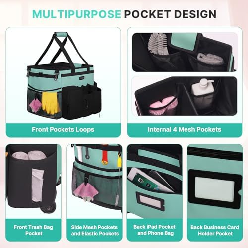 JKAOO Large Rolling Cleaning Caddy Bag with Detachable Trolley, Blue-Green - Image 5