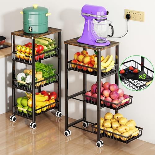 Fruit Vegetable Storage Basket for Kitchen, 4 Tier Large Pull-Out Metal Wire Baskets with 3 Pack Mats Bottom, Wood Top and Wheels, Vegetable Produce Bins Stand Cart Rack for Onions and Potatoes by MiyawellOfficial