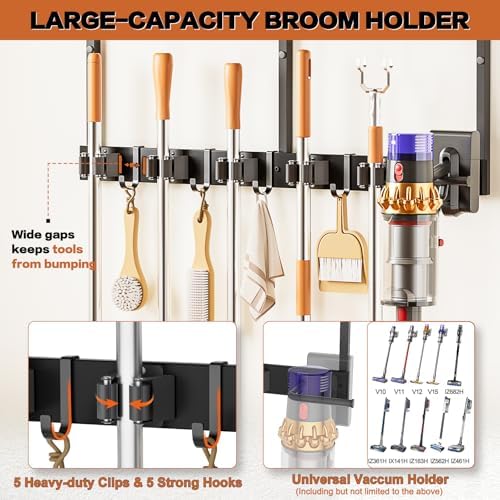 Broom Holder Wall Mount with Cleaning Supplies Organizer, Laundry Room Organization and Storage Shelves with Mop Hanger Rack Gripper Hooks, Utility Shelf Closet Organizer for Home Garage Kitchen - Image 2