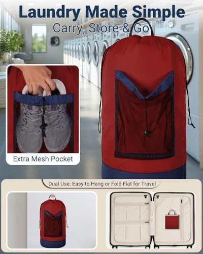 Laundry Bag with Shoulder Straps and Mesh Pocket Laundry Backpack Large Portable Laundry Hamper for College Laundromat Apartment - Image 3
