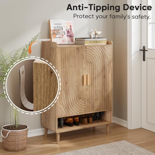 Smuxee Oak Shoe Cabinet with Line Groove Design, 6-Tier Shoe Storage Cabinet with Adjustable Shelves, Freestanding Shoe Organizer Cabinet for Entryway, Hallway, Closet, Living Room - Image 6