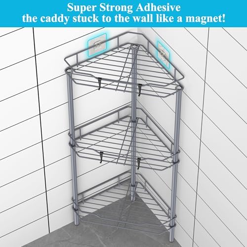 HuggieGems Metal Floor Standing Corner Shower Caddy, Dark Gray, 3 Tier - Image 2