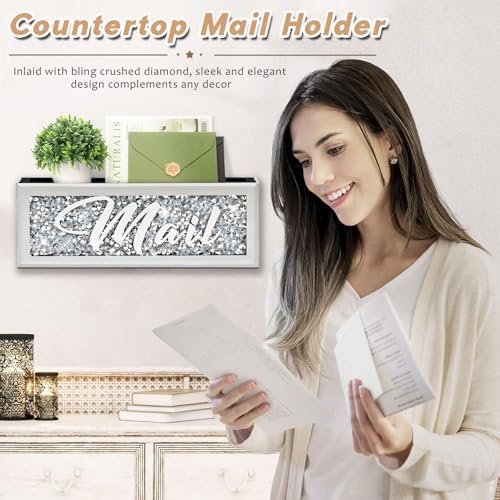 Crushed Diamond Mail Organizer, Crystal Mail Organizer Countertop, Mirror Letter Holder, Mail Tray, Mail Holder Box for Desk, Mail Holder for Wall - Image 2