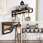 Coat Rack Wall Mount, Wood Wall Shelf with Hooks, Coat Hanger Wall Mount with 4 Metal Hooks, Wall Mounted Coat Rack Organizer for Entryway, Bedroom, Living Room, Room Decor, Brown 2 Pack - Image 2
