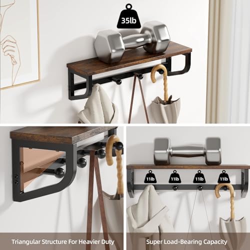 Coat Rack Wall Mount, Wood Wall Shelf with Hooks, Coat Hanger Wall Mount with 4 Metal Hooks, Wall Mounted Coat Rack Organizer for Entryway, Bedroom, Living Room, Room Decor, Brown 2 Pack - Image 2