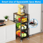 Fruit Vegetable Storage Basket for Kitchen, 4 Tier Large Pull-Out Metal Wire Baskets with 3 Pack Mats Bottom, Wood Top and Wheels, Vegetable Produce Bins Stand Cart Rack for Onions and Potatoes - Image 2