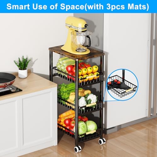 Fruit Vegetable Storage Basket for Kitchen, 4 Tier Large Pull-Out Metal Wire Baskets with 3 Pack Mats Bottom, Wood Top and Wheels, Vegetable Produce Bins Stand Cart Rack for Onions and Potatoes - Image 2