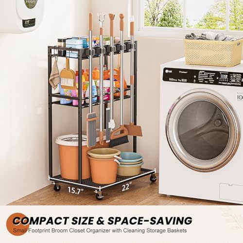 Broom Holder with Cleaning Supplies Organizer, Broom Closet Storage Cabinet with Mop Hanger Gripper Rack Hooks, Cleaning Housekeeping Janitorial Cart with Cleaning Caddy, Laundry Room Organization - Image 3