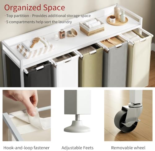 Herture Laundry Hamper with Shelf, Laundry Basket 5 Section, Laundry Sorter with Pull-Out Removable Large 5 Color Bags and Movable Wheels, Metal Frame, 5 x 15.87 Gallons (60L), White PF08XLE - Image 3