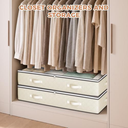 Budding Joy 4 Pack Under Bed Storage Containers with Clear Lids, Beige | Underbed Storage Bags for Blankets, Towels, Comforter, Sweaters, Linen Sheets, Wrapping Paper - Image 4