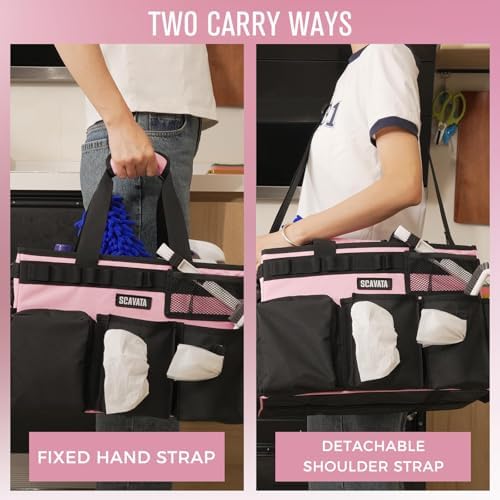 SCAVATA Wearable Cleaning Caddy Bag, Cleaning Caddy Supplies Organizer with Handle & Shoulder Straps for Housekeepers, Under Sink & Car Cleaning Tool Organizers with 4 Foldable Divider (SweetPink) - Image 6