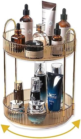 Asayuee 360 Rotating Gold Makeup Organizer,2 Tier Large Capacity Rotating Makeup Organizer,SkincarePerfume Organizer,Bathroom Cosmetics Storage Organizer Countertop (Gold-2 Tier) by Asayuee