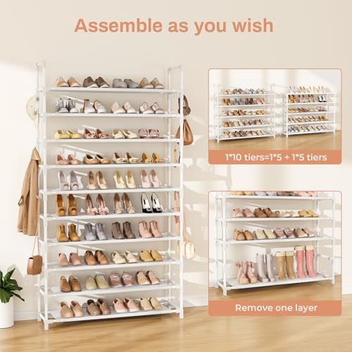LANTEFUL Tall Shoe Rack 10 Tier Shoe Organizer Large Shoe Shelf with 18 Hooks Storage for 50 Pair Sneaker and Boot, Stackable Vertical Shoe Rack Organizer for Closet, Entryway, Bedroom, White - Image 5