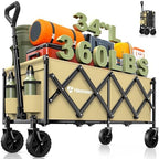 HIKEMOON 34'' Extra Long Folding Portable Wagon Cart, 120L 360LBS Khaki by Unknown