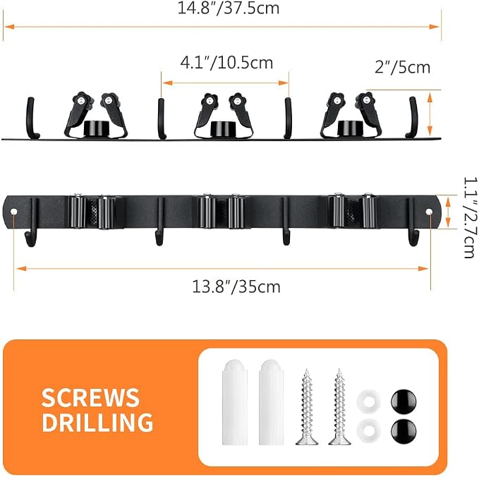 2 Pack Broom Hanger and Mop Holder, Heavy Duty Garden Tool Organizer Rack Rake and Shovel Handle, Stainless Steel Wall Mounted Utility Rack with Screws (3 Racks with 4 Hooks, Matte Black). - Image 7