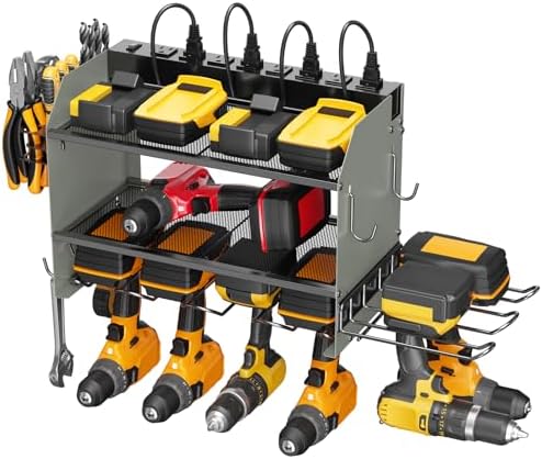 CCCEI Modular Power Tool Organizer Wall Mount Charging Station, Grey 6 Drills Holder with 8 Plug Power Strip 10FT, Garage Drill Battery Heavy Duty Metal Shelf, Utility Rack with Hooks, Side Storage. by CCCEI