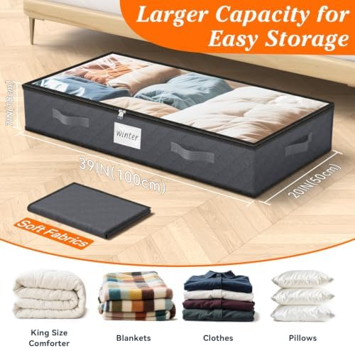 90L Under Bed Storage Containers, Storage Bags, Organizers, 2-Pack, Gray | Foldable, Soft Fabric, Closet Organizers, Reinforced Handle, Label Holder, Clear Window, for Comforters, Clothing, Blankets - Image 2