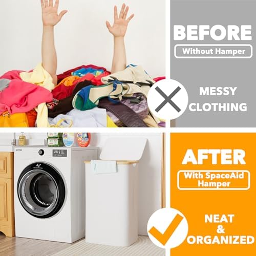 SpaceAid Laundry Hamper with Lid, 110L Large Tall Clothes Basket Bin with Bamboo Handles, Collapsible Laundry Hamper for Bedroom, Bathroom, Dorm, Laundry Room - White - Image 3