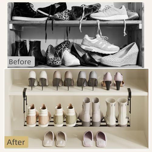 Expandable Shoe Rack Organizer for Cabinet, Adjustable Hanging Under Shelf Storage, Sturdy Round Tube Design, Space Saving Shoe Shelf for Closet, Entryway, Laundry Room, Black - Image 6