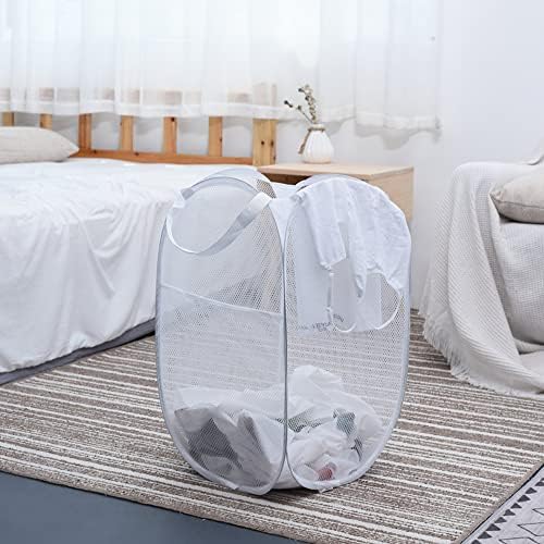 BATTOO Deluxe Strong Mesh Pop up Laundry Hamper Basket with Side Pocket Foldable Hamper for Laundry Room, Bathroom, Kids Room, College Dorm or Travel White + White - Image 5
