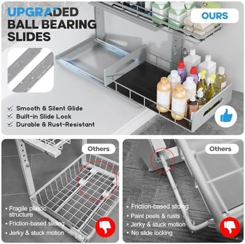 Under Sink Organizer Upgrade To Professional Rails,2-Tier Dual Pull Out Cabinet Storage,Height Adjustable Slide Out Drawers For Bathroom Kitchen,2 Pack-16.7"Dx12.8"-16.9"H,Gun Gray - Image 3