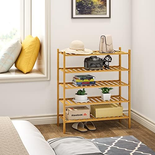 BMOSU 5-Tier Bamboo Shoe Rack Premium Stackable Shoe Shelf Storage Organizer for Hallway Closet Living Room Entryway Organizer (Natural Bamboo) - Image 2