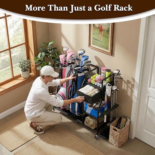 Faesun Golf Bag Organizer for Garage, Golf Bag Storage Rack with 6 Club Slots, Golf Club Organizer with Fabric Drawer & Wheels, Golf Storage Organizer Holds 2 Bags, Golf Rack Storage System - Image 4
