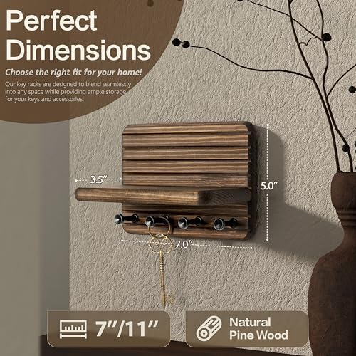 RebeeVision Small Key Holder Wall Mount with 4 Key Hook for Entryway, Brown - Image 2