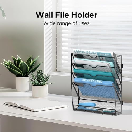 5-Tier Wall File Organizer and Mail Organizer with 5 Hooks, Black - Image 6